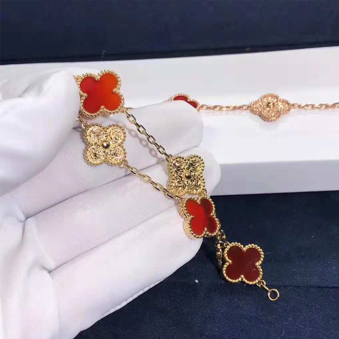 Van Cleef & Arpels 18K Pink Gold Carnelian 5 Motifs Vintage Alhambra Bracelet