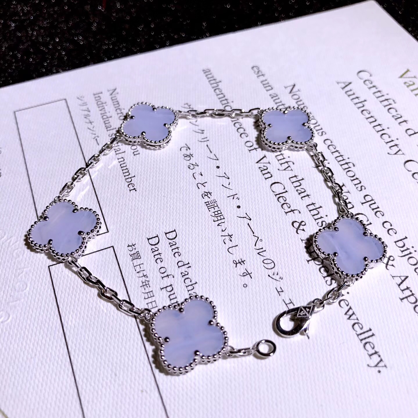 Van Cleef & Arpels 18K White Gold Chalcedony 5 Motifs Vintage Alhambra Bracelet VCARD34700