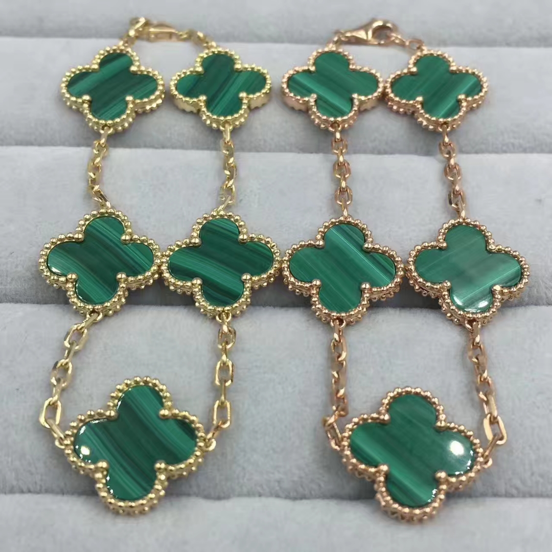 Van Cleef & Arpels 18K Yellow Gold Malachite 5 Motifs Vintage Alhambra Bracelet VCARL80900