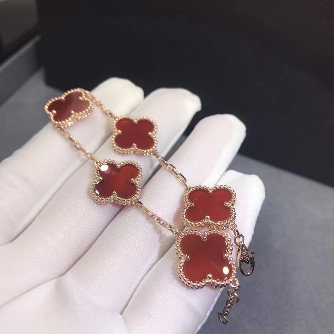Van Cleef & Arpels 18K Yellow Gold Vintage Alhambra 5 Motifs Carnelian Bracelet VCARD35500