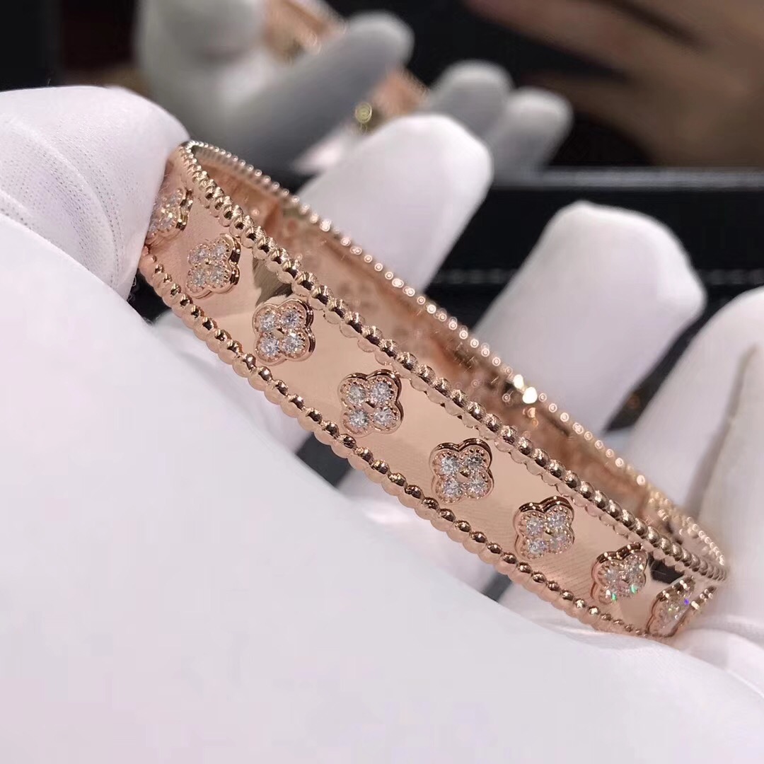 Custom Van Cleef & Arpels 18k Rose Gold Diamond Perlée Clovers Medium Model Bracelet VCARN5B200