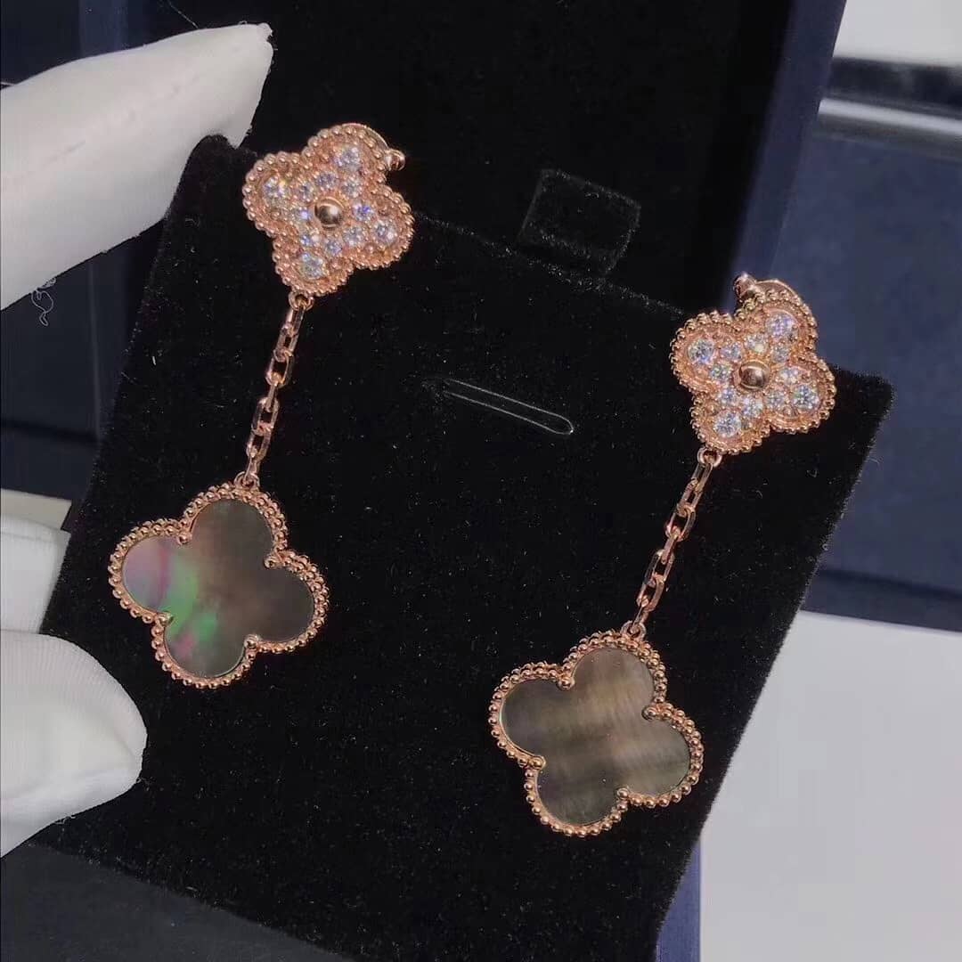 VCA 18k Rose Gold Gray Mother of Pearl and Diamond 2 Motifs Magic Alhambra Earrings VCARP2R200