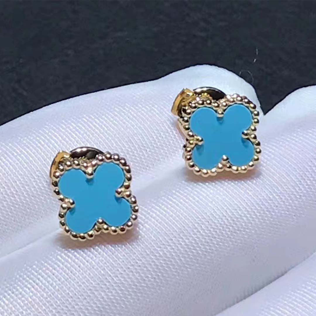 Van Cleef & Arpels 18K Yellow Gold Sweet Alhambra Turquoise Stud Earrings