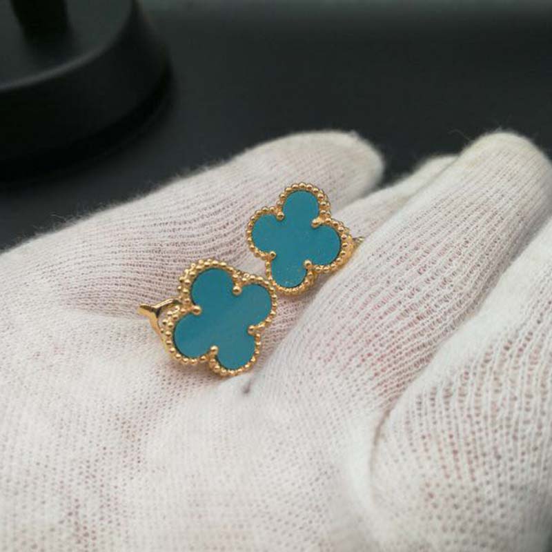 Authentic Van Cleef & Arpels 18K Yellow Gold Turquoise Vintage Alhambra Earrings