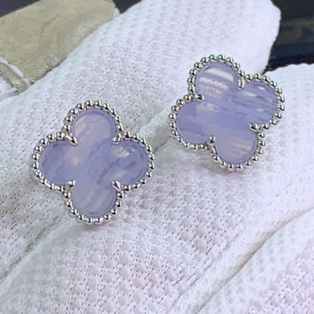 Van Cleef & Arpels Vintage Alhambra Chalcedony 18K White Gold Earrings