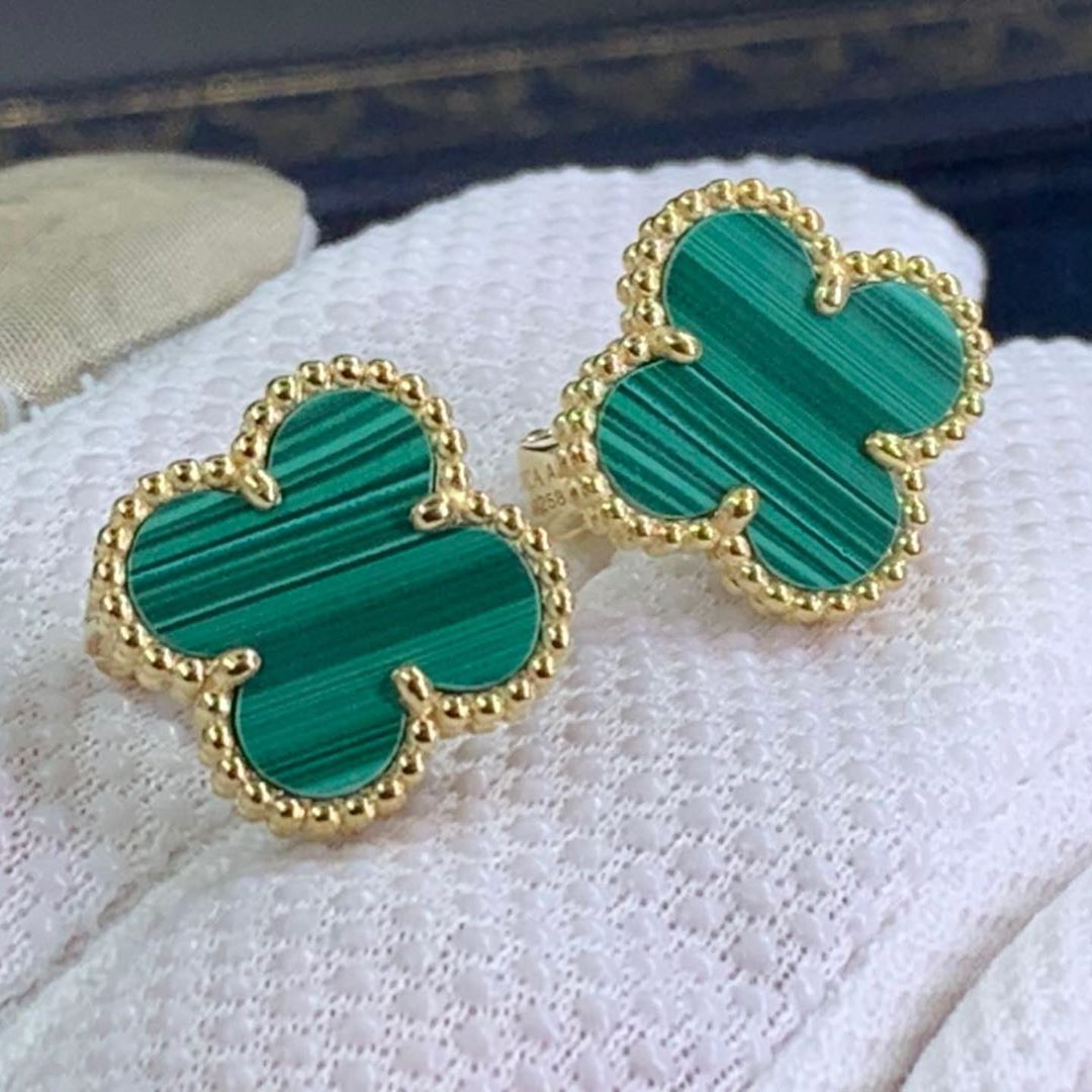 Van Cleef & Arpels Vintage Alhambra Malachite 18k Yellow Gold Clover Earrings VCARO3QL00