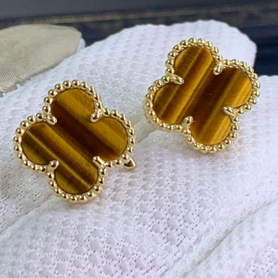 Van Cleef & Arpels Vintage Alhambra Tiger Eye 18K Yellow Gold Earrings VCARD40500