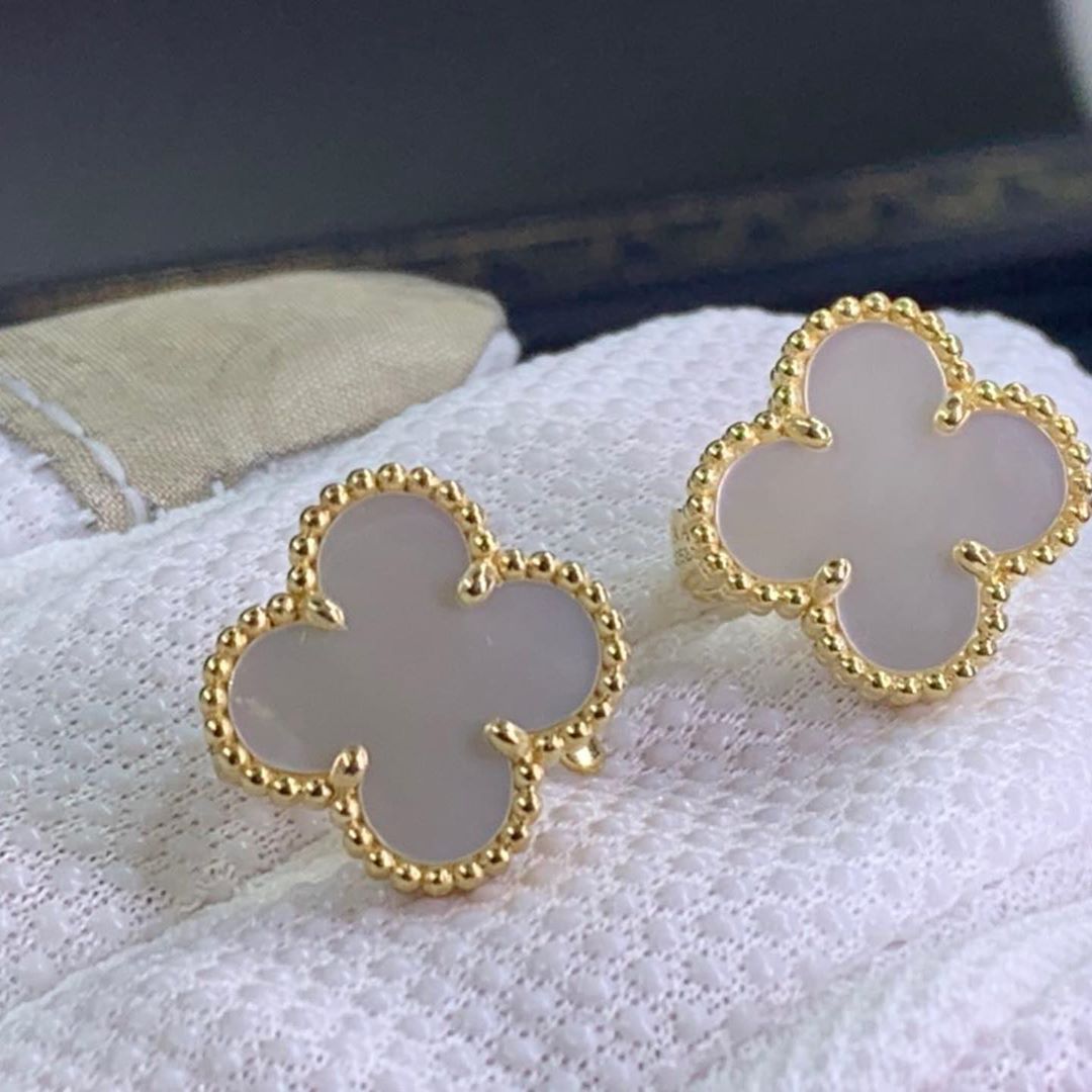 Van Cleef & Arpels Vintage Alhambra White Mother of Pearl 18k Yellow Gold Earrings