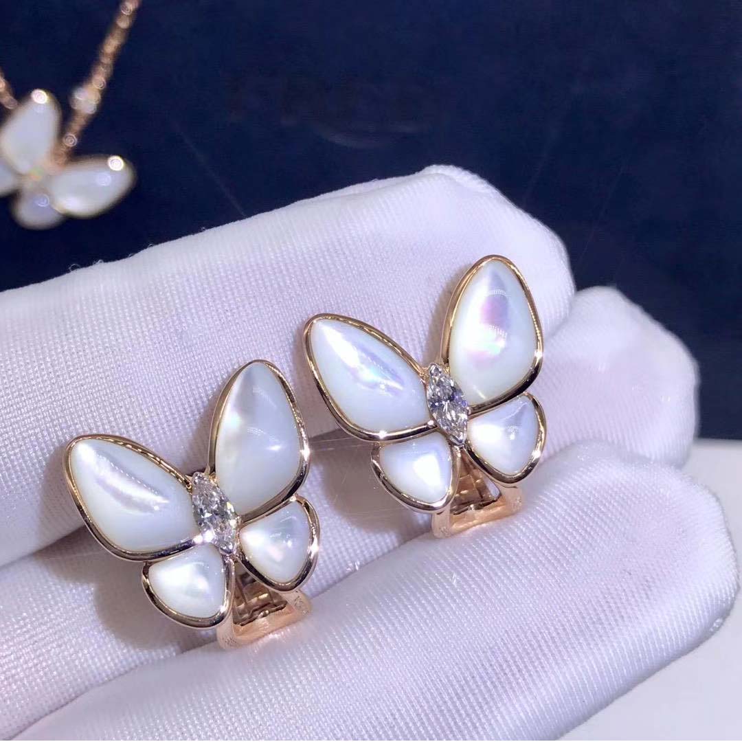 VCA 18k Rose Gold Mother of Pearl & Diamond Two Butterfly earrings VCARO8FN00