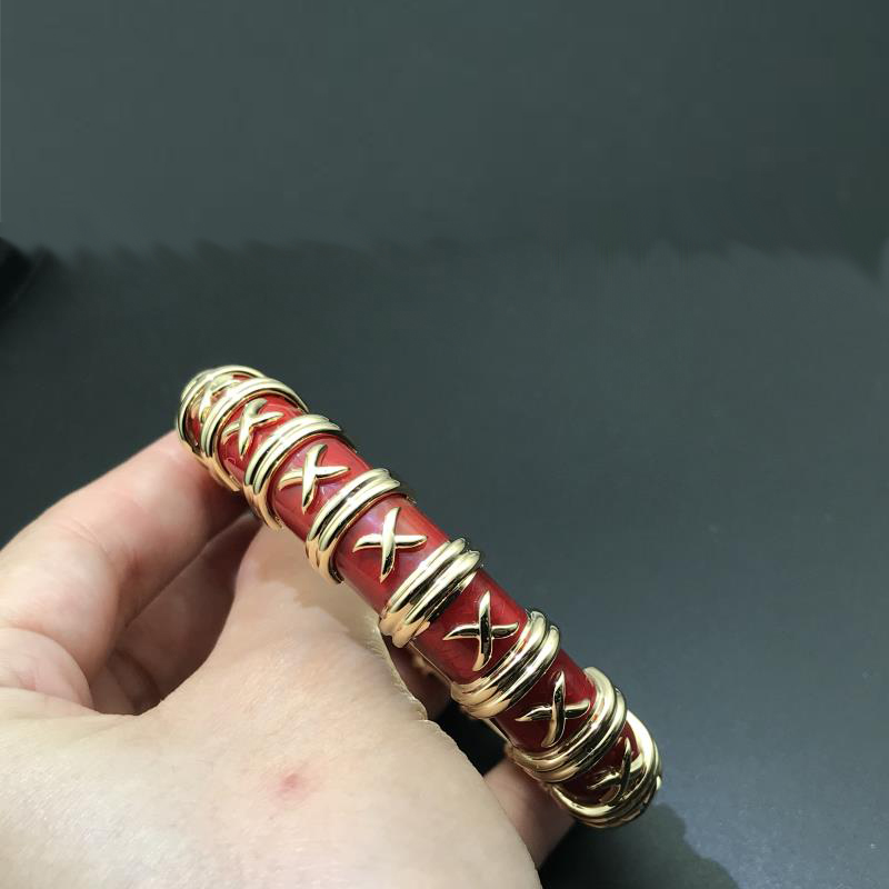 Tiffany & Co. 18K Yellow Red Enamel Jean Schlumberger Croisillon Bangle Bracelet