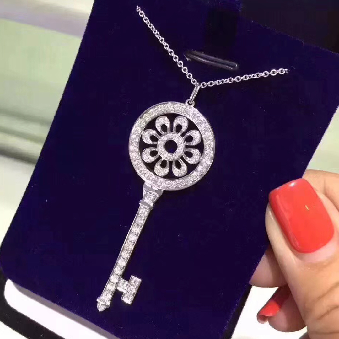 Tiffany Platinum Diamond Petal Key Pendant Necklace