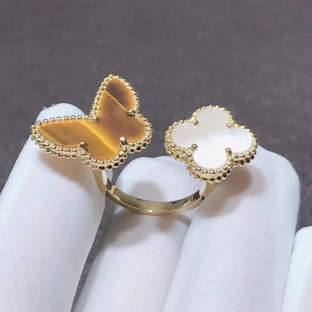 VCA 18k Yellow Gold Tiger’s Eye and Mother of Pearl Lucky Alhambra Between the Finger Ring VCARN05800