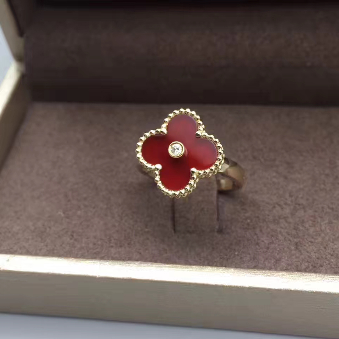 Van Cleef & Arpels 18K Yellow Gold Carnelian & Diamond Vintage Alhambra Ring