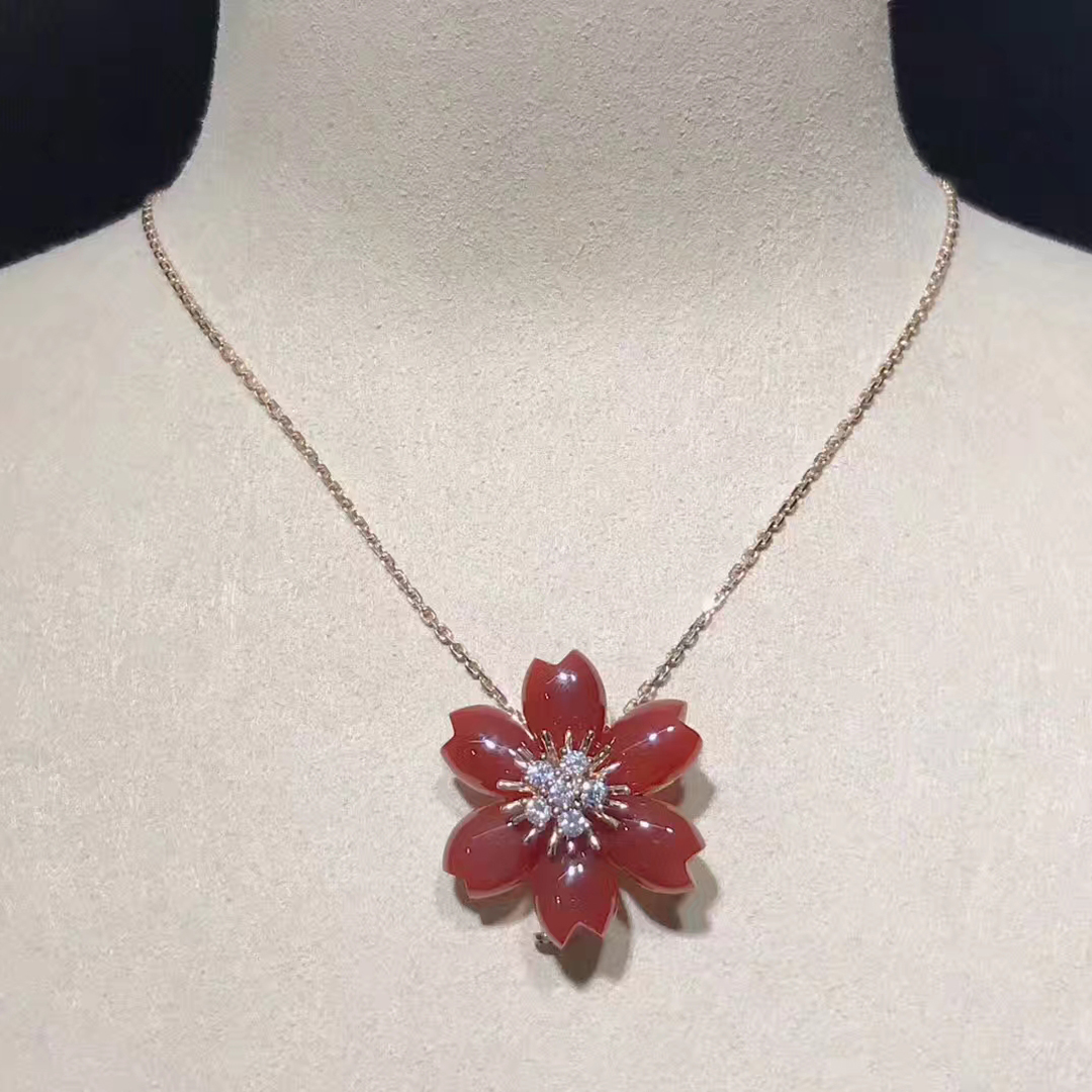 Van Cleef & Arpels 18k Rose Gold Carnelian Rose De Noel Flower Diamond Clip Necklace VCARO9B600