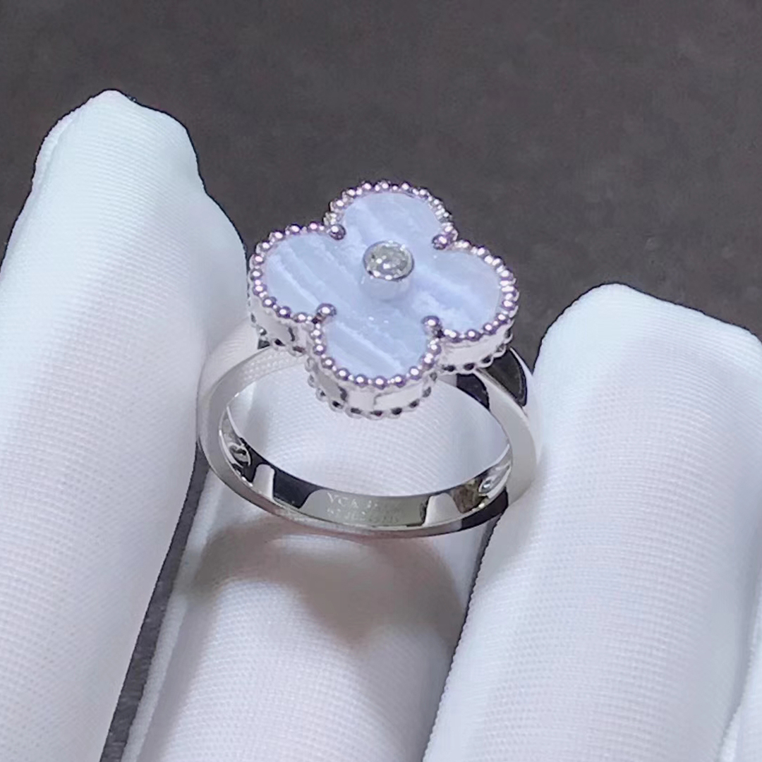 Van Cleef & Arpels Vintage Alhambra Diamond Chalcedony 18k White Gold Ring
