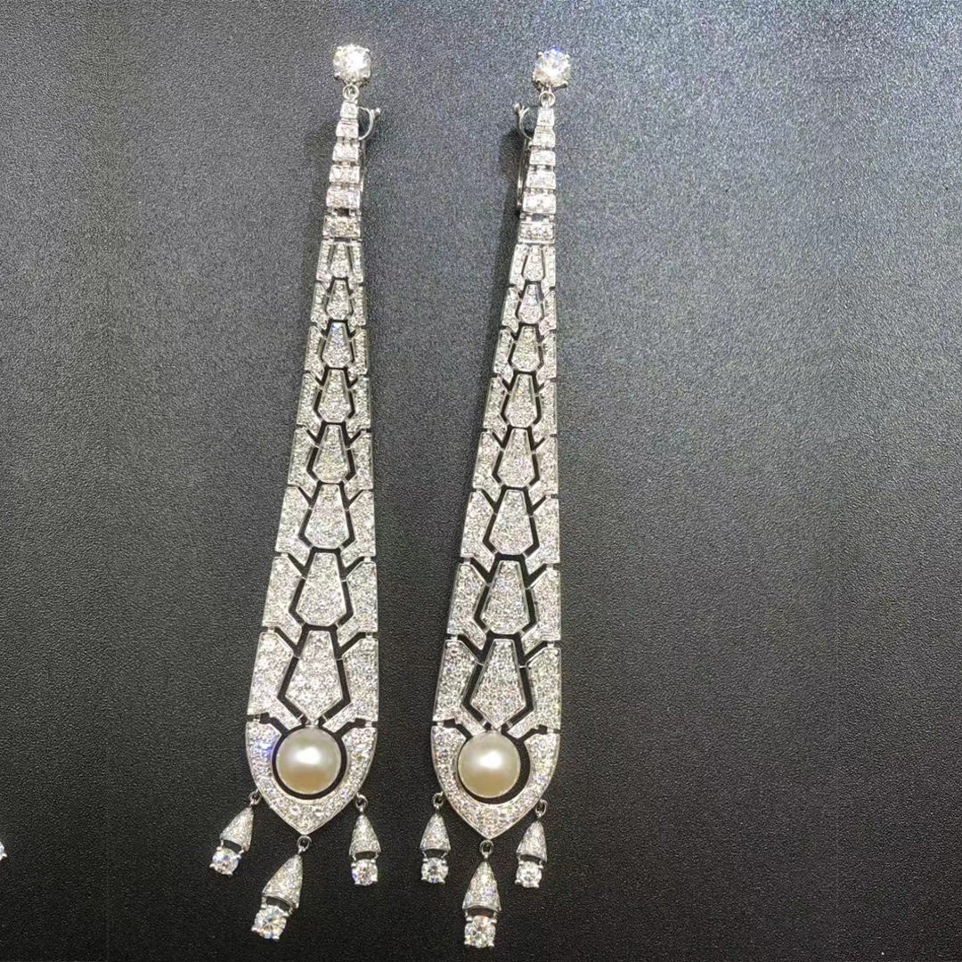 Cartier 18K White Gold Evasions Joaillieres Diamond Pave and Pearl Drop Earrings