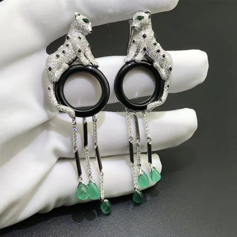 Cartier 18k White Gold Onyx Emeralds and Diamond Paved Panthère de Cartier Tassels Earrings