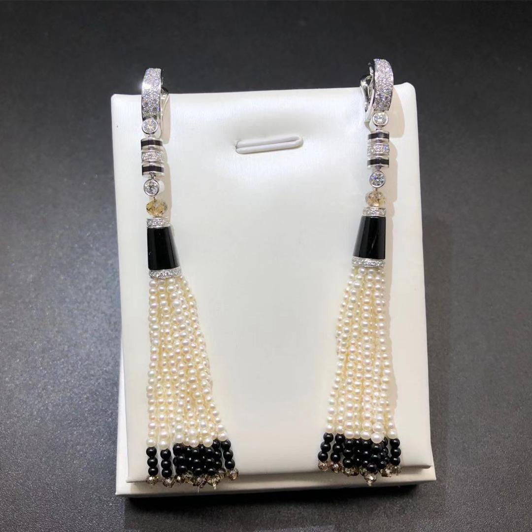 Panthère de Cartier Platinum Diamonds and Perals Drop Tassels Earrings HP800741