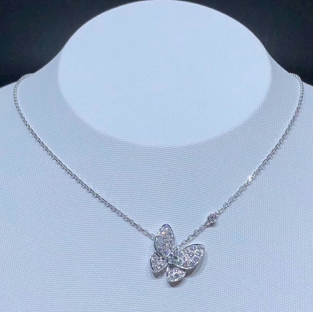 Van Cleef & Arpels 18K White Gold Diamond Two Butterfly Pendant VCARO3M400