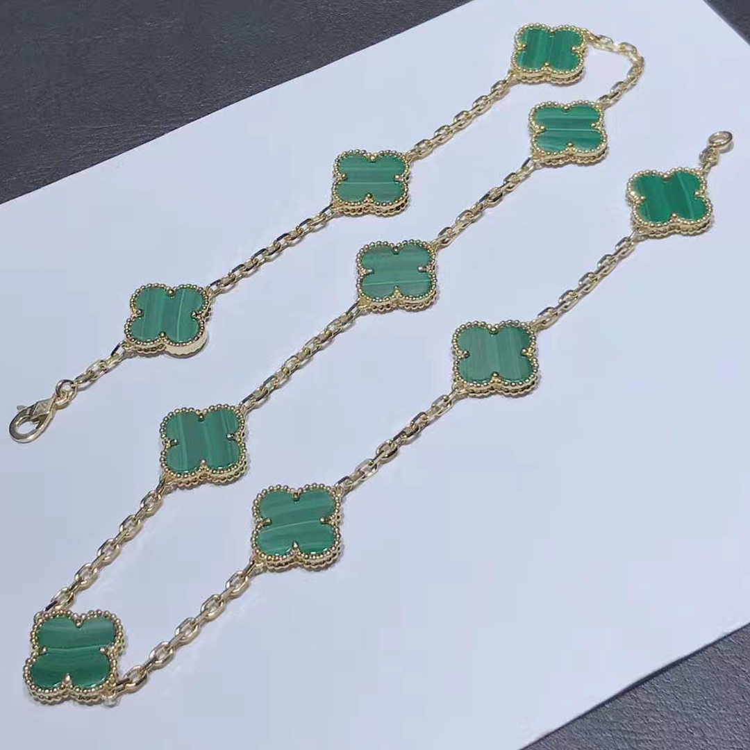 Van Cleef & Arpels 18K Yellow Gold Vintage Alhambra Malachite 10 Motif Necklace