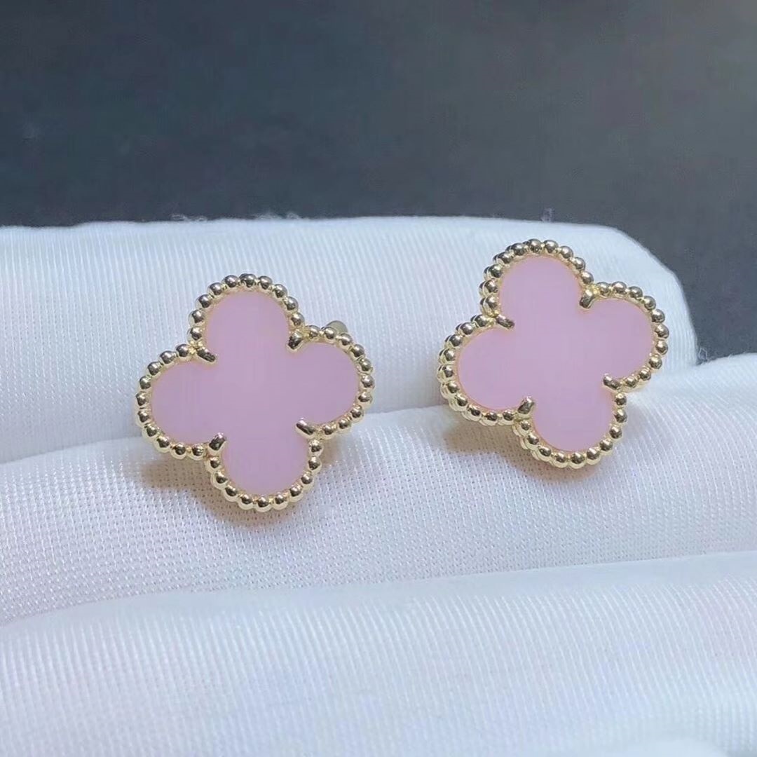 Designer Van Cleef & Arpels 18K Yellow Gold Vintage Alhambra Pink Opal Earrings