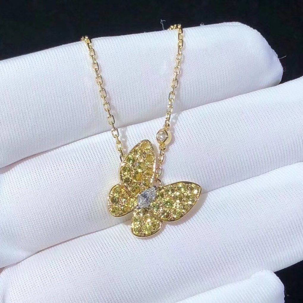 Van Cleef & Arpels 18k Gold Two Butterfly Yellow Sapphire and Diamond Pendant Necklace VCARO3M300