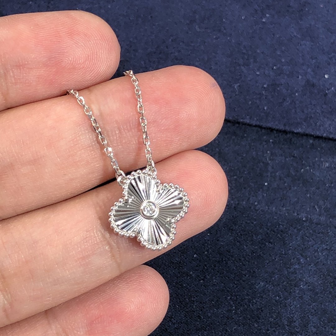 Van Cleef & Arpels Vintage Alhambra Guilloché White Gold Diamond Pendant 2020 Limited Edition