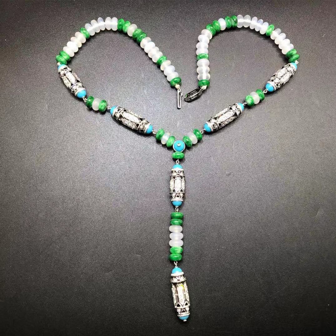 Cartier 18K White Gold Chalcedony, Turquoise and Diamonds Art-Deco Inspired High Jewelry Necklace H7000330
