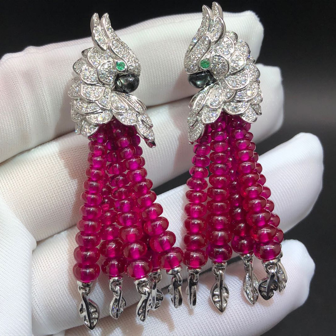 Custom Cartier 18K White Gold Les Oiseaux Libérés Diamonds and Ruby Tassels Earrings H8000127